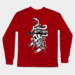 Artistic Skull Drawing w/Hat and Snake Motif Long Sleeve T-Shirt